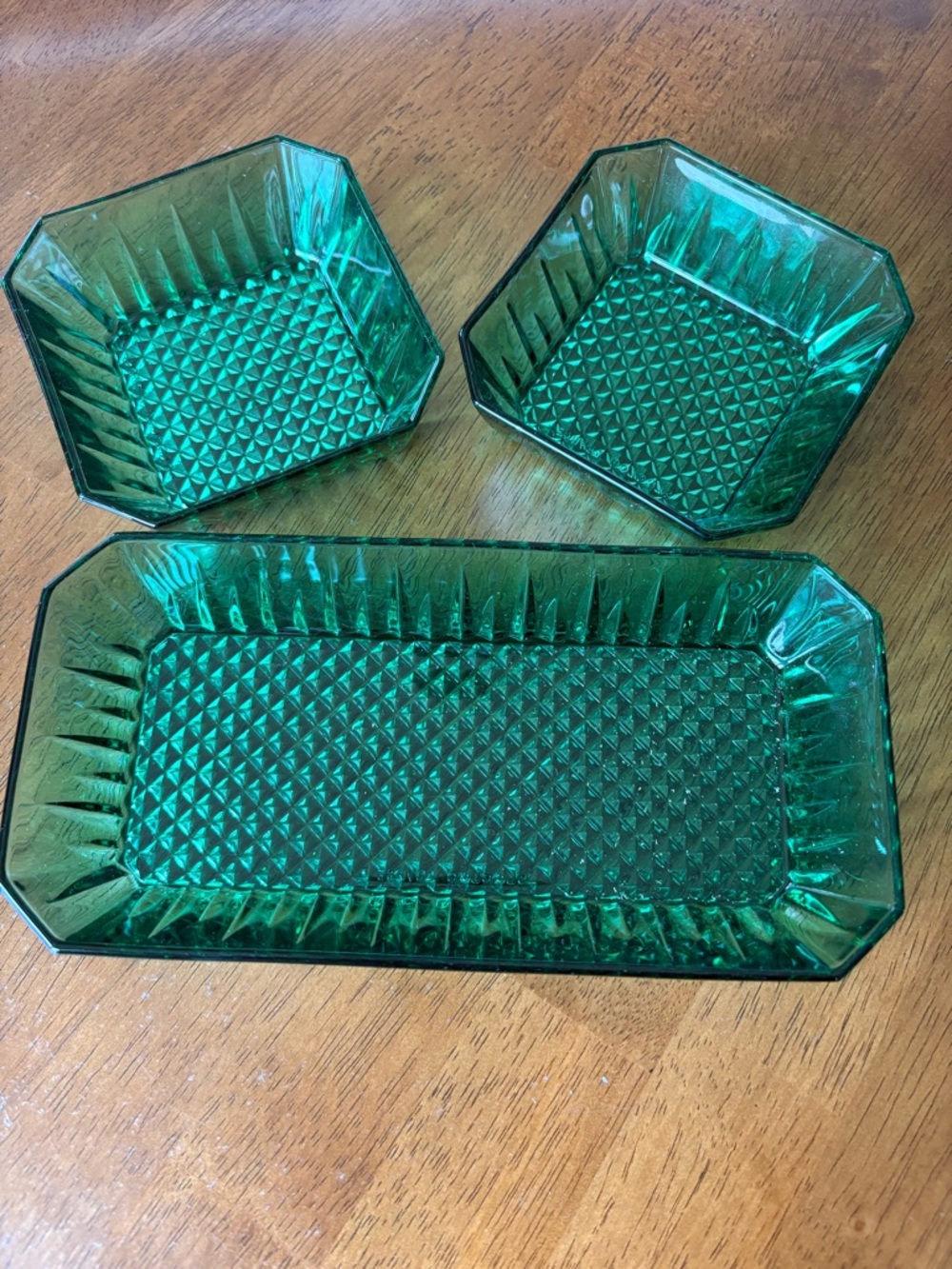 Vintage, Arcoroc France,  Emerald Green Glass Serving Set – Tray + 2 Bowls